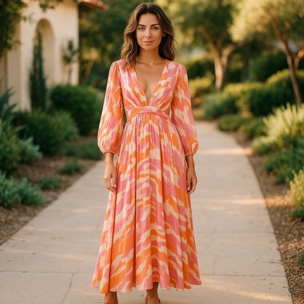Vicky Tcherassi Plunge Maxi Dress - Tie-Dye Print, Size XS Pink and Orange